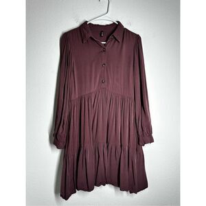 Chicorée Puff Sleeve Tiered Dress Size M Half Buttoned Burgundy